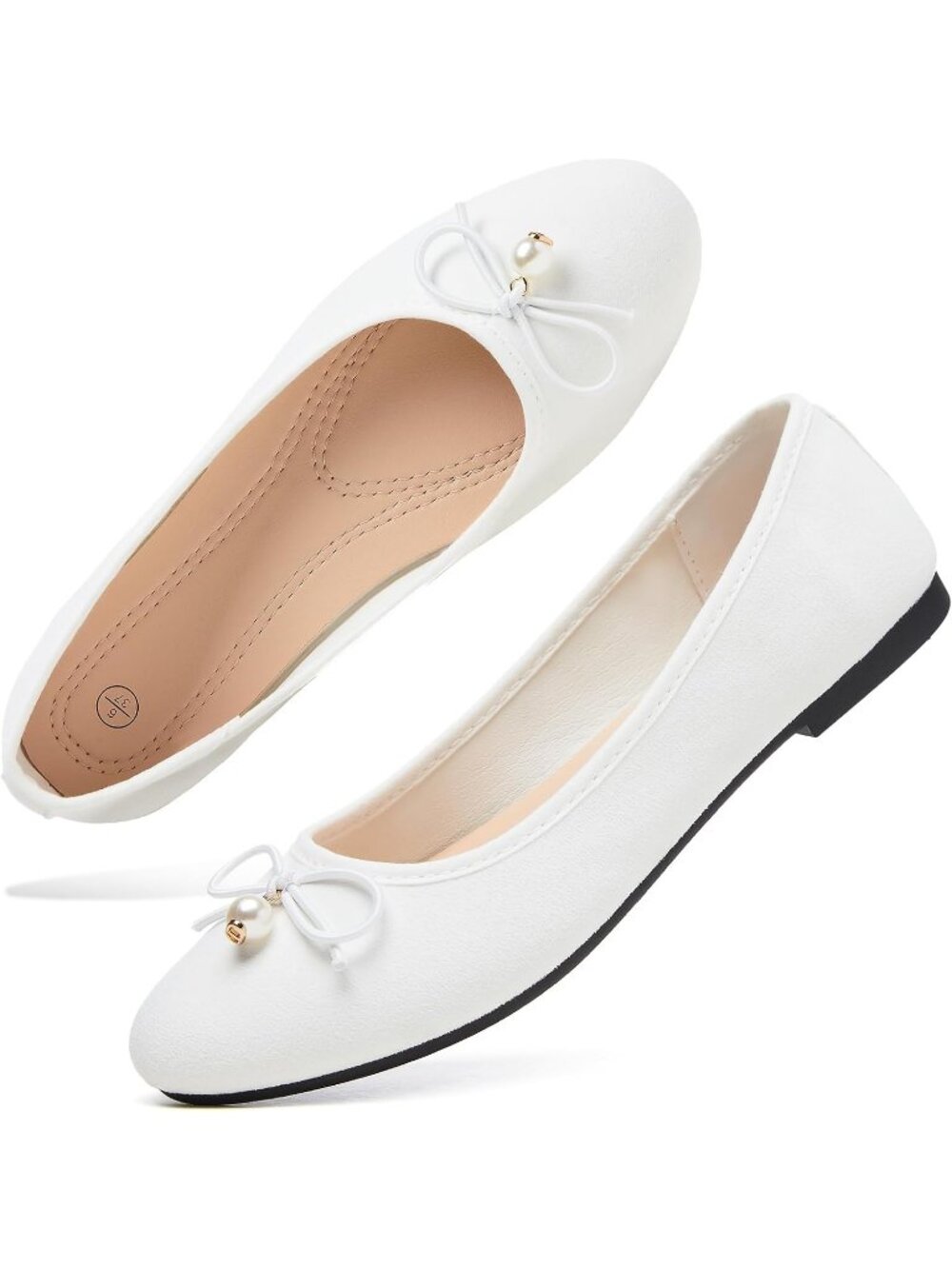 Women's White Velvet Elegant Round Toe Ballet Flats Bow Pearl Comfortable Shoes
